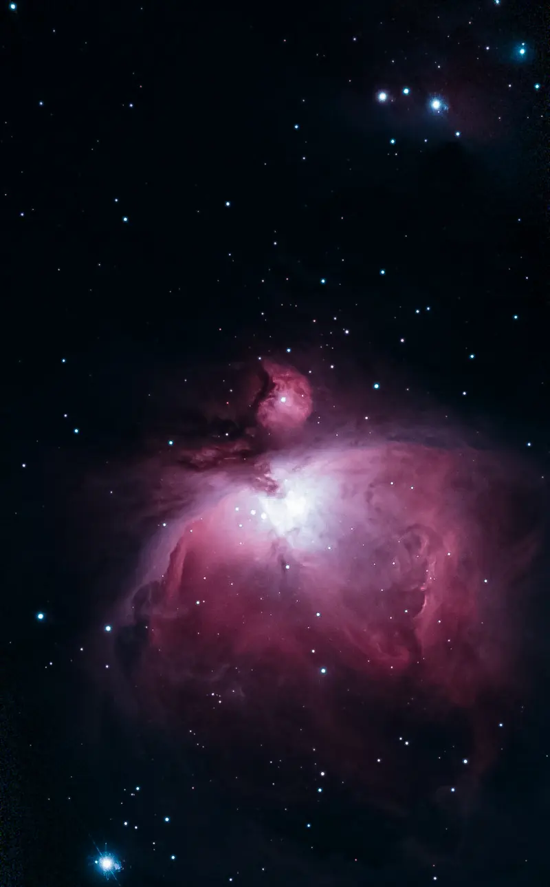 La nebulosa de Orión en tonos rosas y magenta, con el cúmulo central brillante