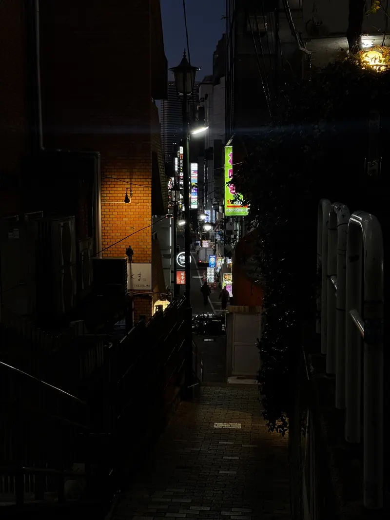 Un callejón estrecho y oscuro iluminado por faroles y letreros