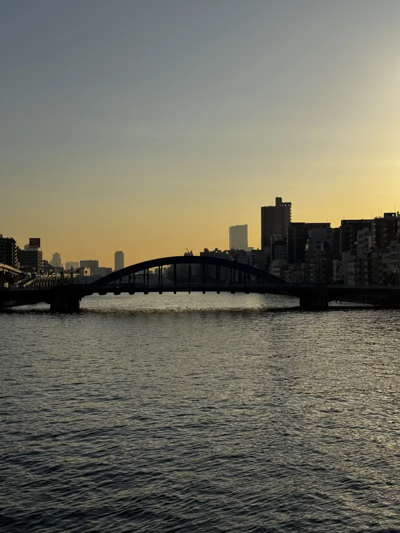 El río Sumida al atardecer con un puente y los edificios de Tokio contra el cielo